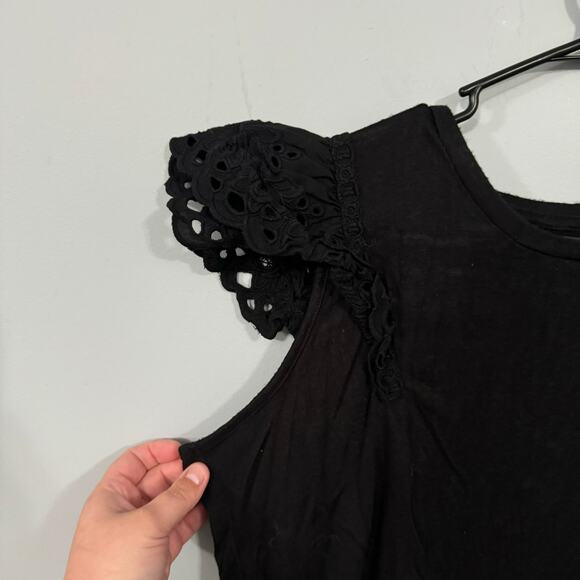 Maurices Solid Black Eyelet Flutter Sleeve Top Size Large Modest Neckline - Picture 2 of 7